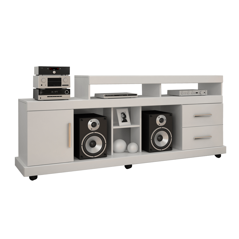 fi rack jcm bem te vi tv 50 polegadas 2 gavetas 1 porta com rodizios branco