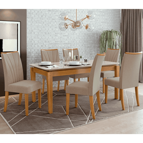 linho bege sala de jantar lopas mesa aries 180x90cm vidro 6 cadeiras apogeu cor rovere