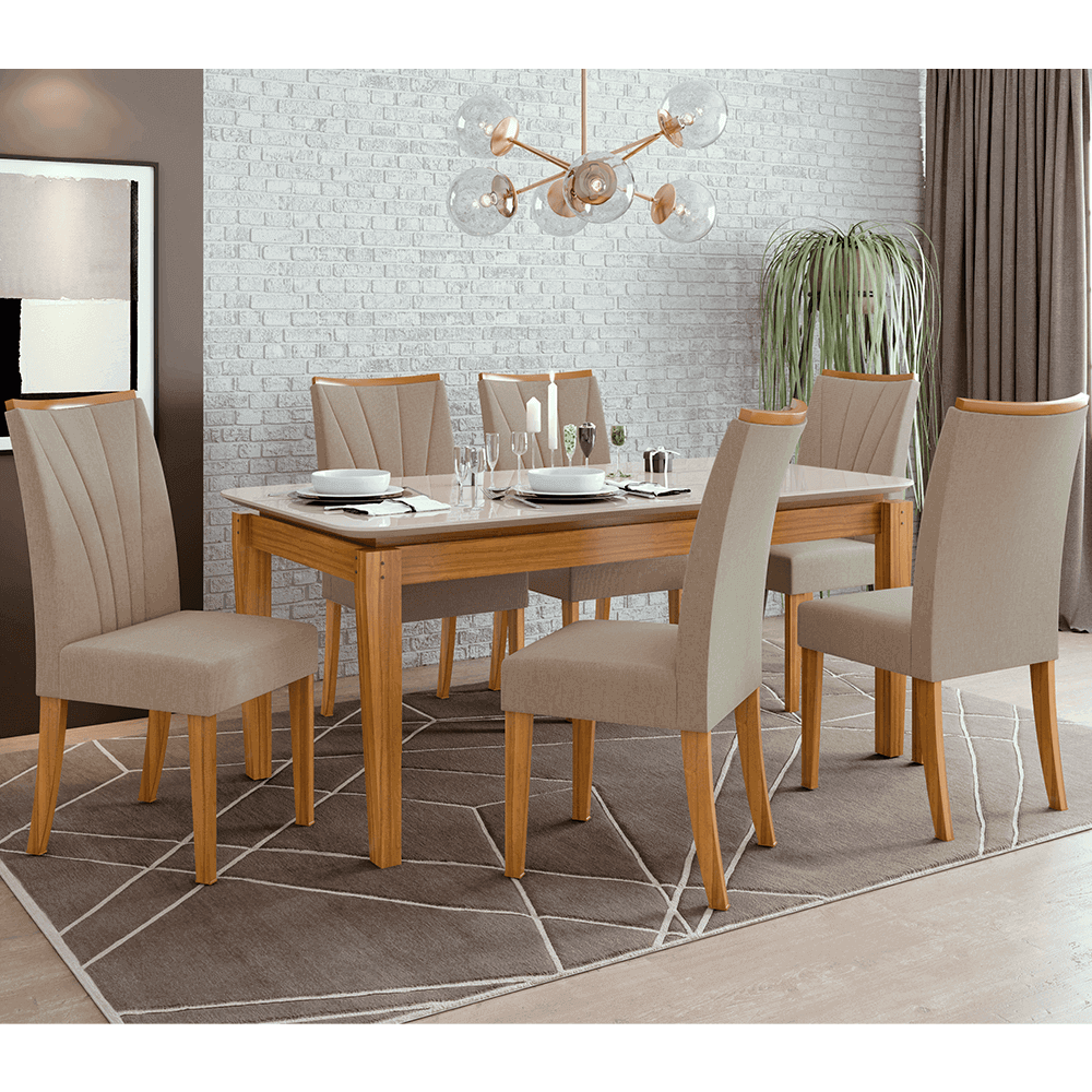 linho bege sala de jantar lopas mesa aries 180x90cm vidro 6 cadeiras apogeu cor rovere
