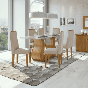 veludo creme sala de jantar lopas dafne mesa 160x80cm com vidro 6 cadeiras cor rovere