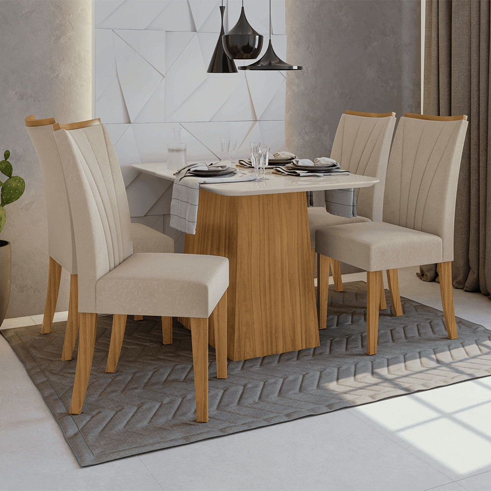 veludo creme sala de jantar lopas mesa nevada 120x80cm vidro 4 cadeiras apogeu cor rovere