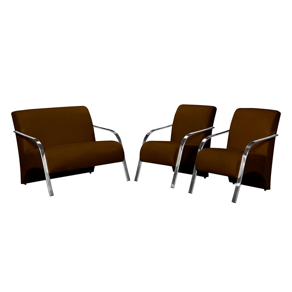 conjunto de poltronas arte deccor guanabara bracos aluminio tecido suede marrom