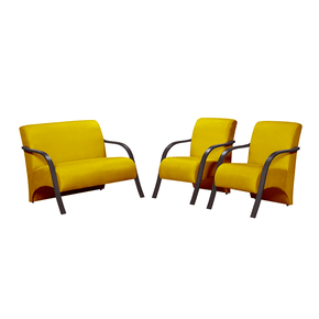 conjunto de poltronas arte deccor guanabara bracos madeira tecido suede amarelo