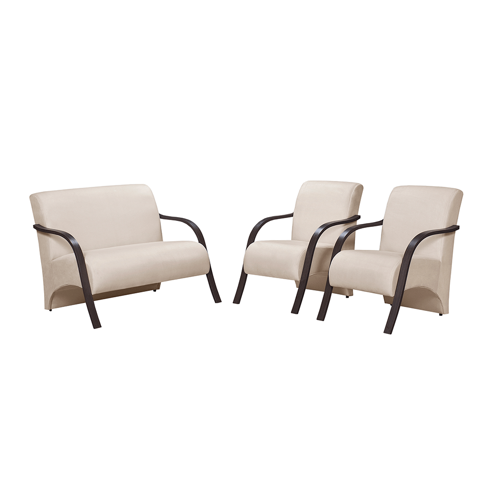 conjunto de poltronas arte deccor guanabara bracos madeira tecido suede bege