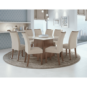 veludo creme sala de jantar lopas mesa nevada 130x130cm vidro 8 cadeiras atacama cor imbuia