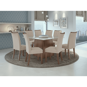 veludo creme sala de jantar lopas mesa nevada 130x130cm vidro 8 cadeiras apogeu cor imbuia