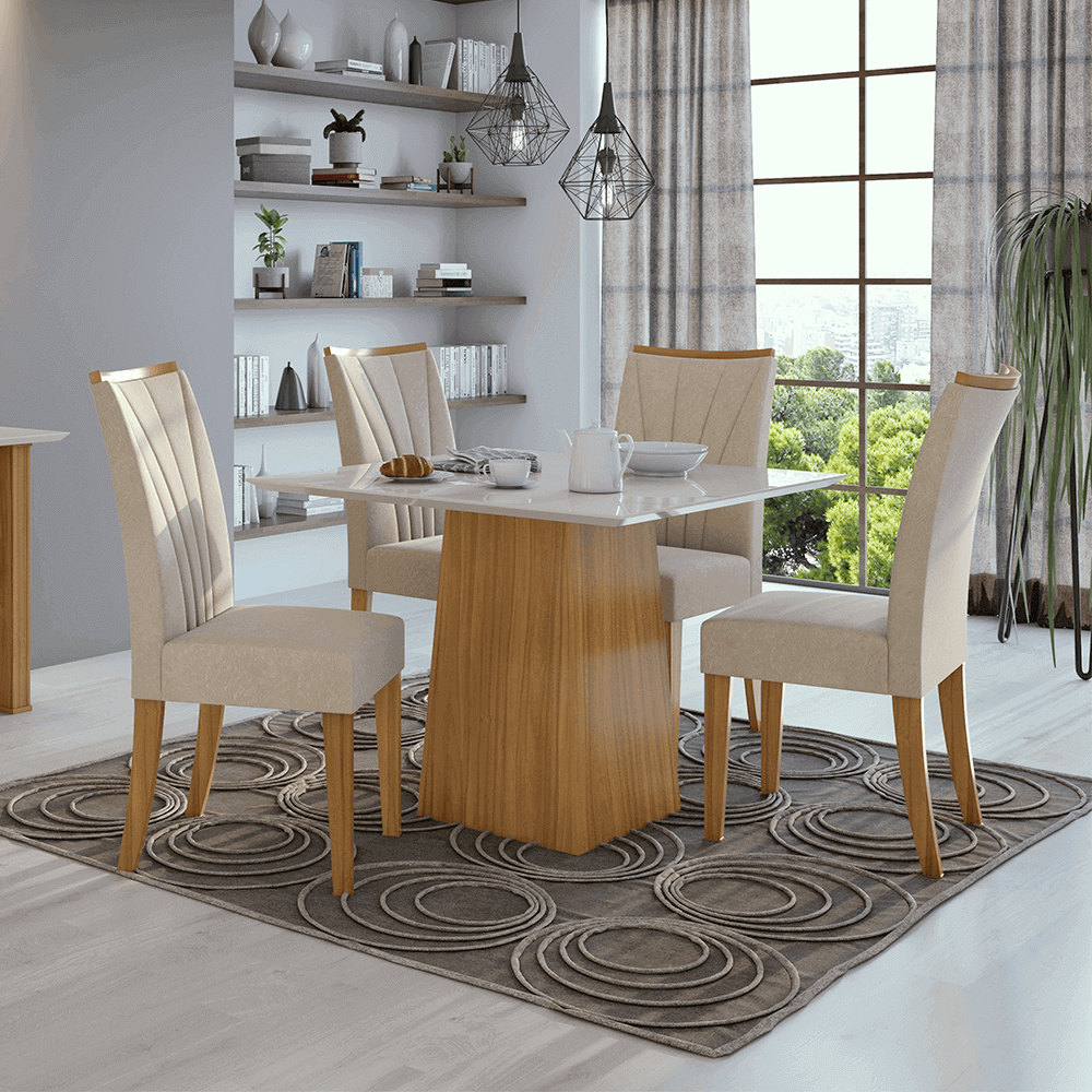veludo creme sala de jantar lopas mesa nevada 100x100cm vidro 4 cadeiras apogeu cor rovere
