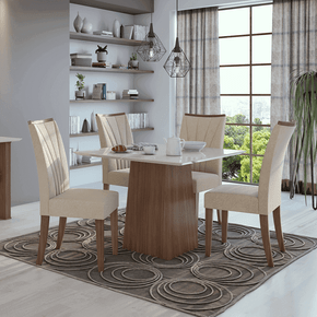 veludo creme sala de jantar lopas mesa nevada 100x100cm vidro 4 cadeiras apogeu cor imbuia