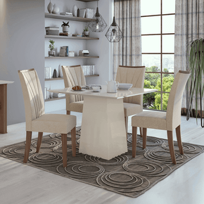veludo creme sala de jantar lopas mesa nevada off white 100x100cm vidro 4 cadeiras apogeu cor imbuia