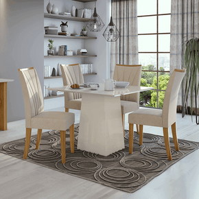 veludo creme sala de jantar lopas mesa nevada off white 100x100cm vidro 4 cadeiras apogeu cor rovere