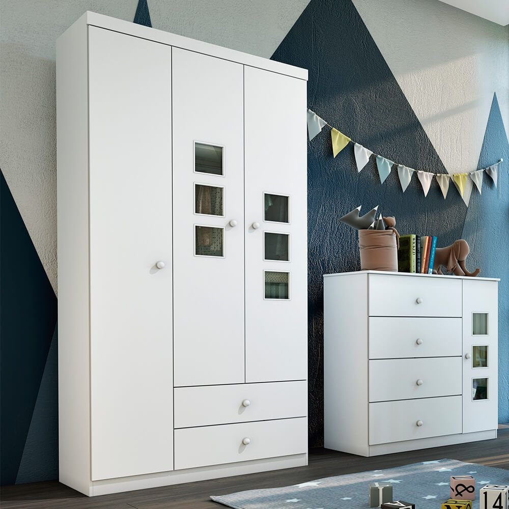 guarda roupa tcil moveis ternura 3 portas 2 gavetas branco fa