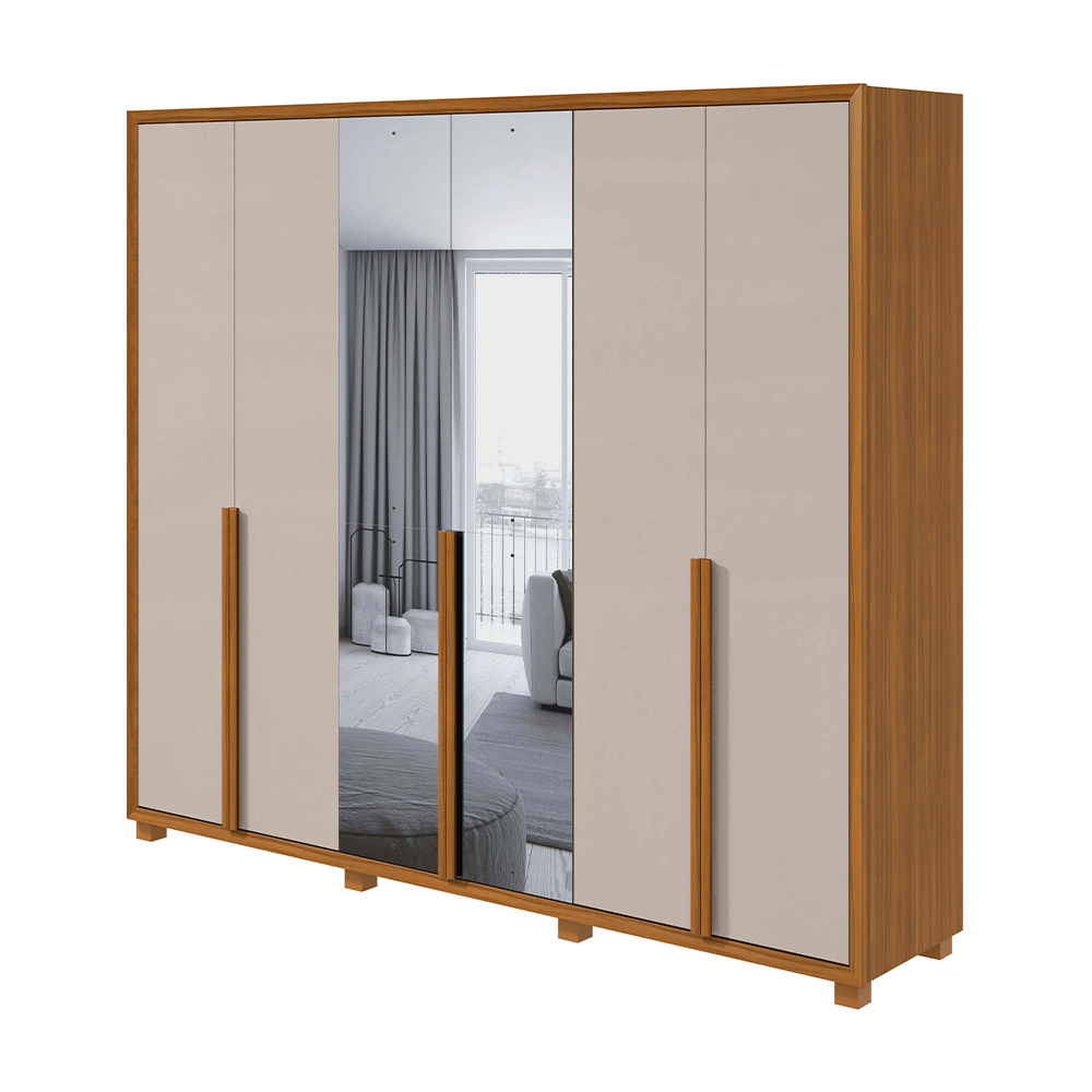 rovere off fi guarda roupa lopas unique com espelho com pes 6 portas e 5 gavetas