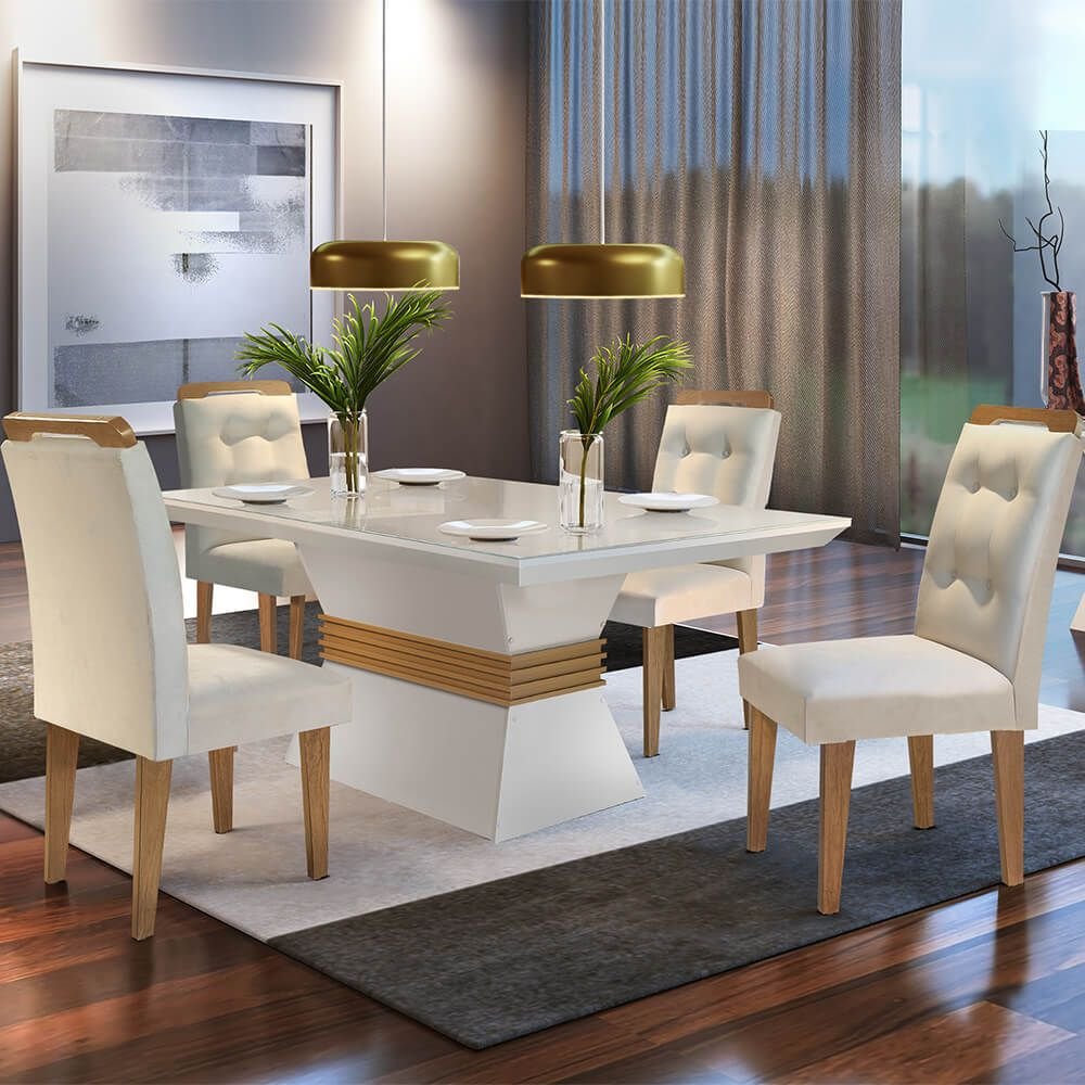 veludo creme sala de jantar rufato mesa agata 120x80cm vidro 4 cadeiras imperatriz off imbuia