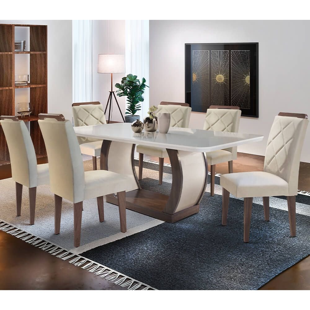 veludo creme sala de jantar rufato mesa jade 180x90cm vidro 6 cadeiras melissa cafe off