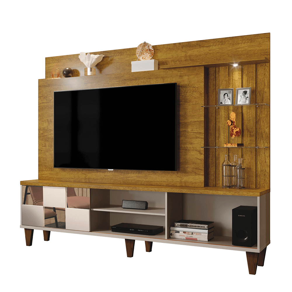 mel off fi estante home mavaular malibu com espelho para tv ate 60 polegadas com led