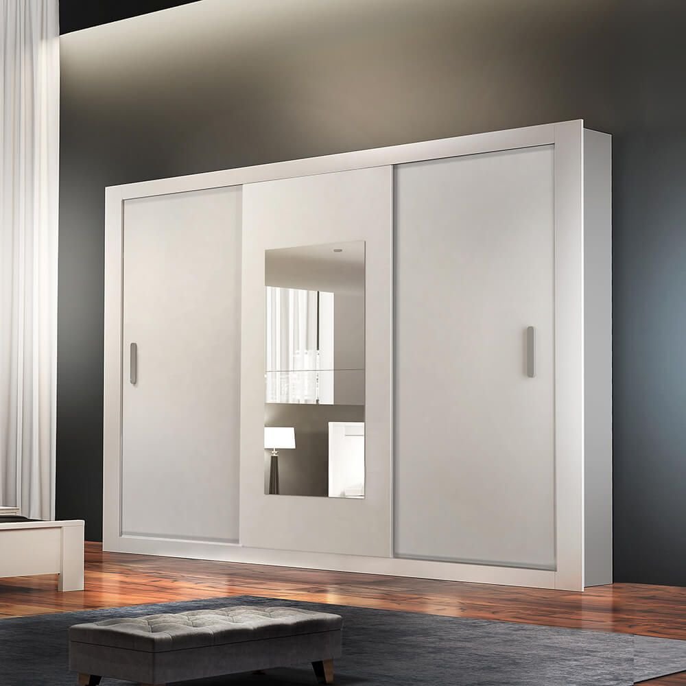 branco fa guarda roupa rufato veneza premium com espelho 3 portas de correr e 4 gavetas