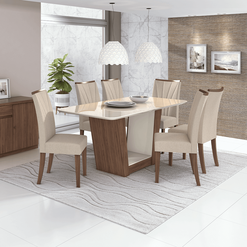 linho bege sala de jantar lopas apogeu mesa 170x90cm vidro 6 cadeiras cor imbuia