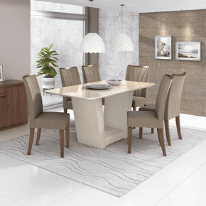 95 sala de jantar lopas apogeu mesa off white 170x90cm vidro 6 cadeiras cor imbuia