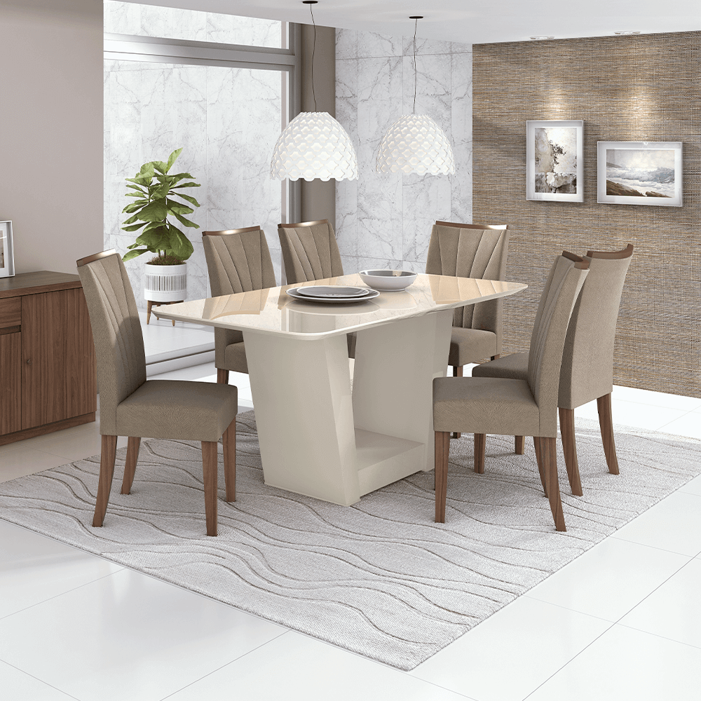 95 sala de jantar lopas apogeu mesa off white 170x90cm vidro 6 cadeiras cor imbuia