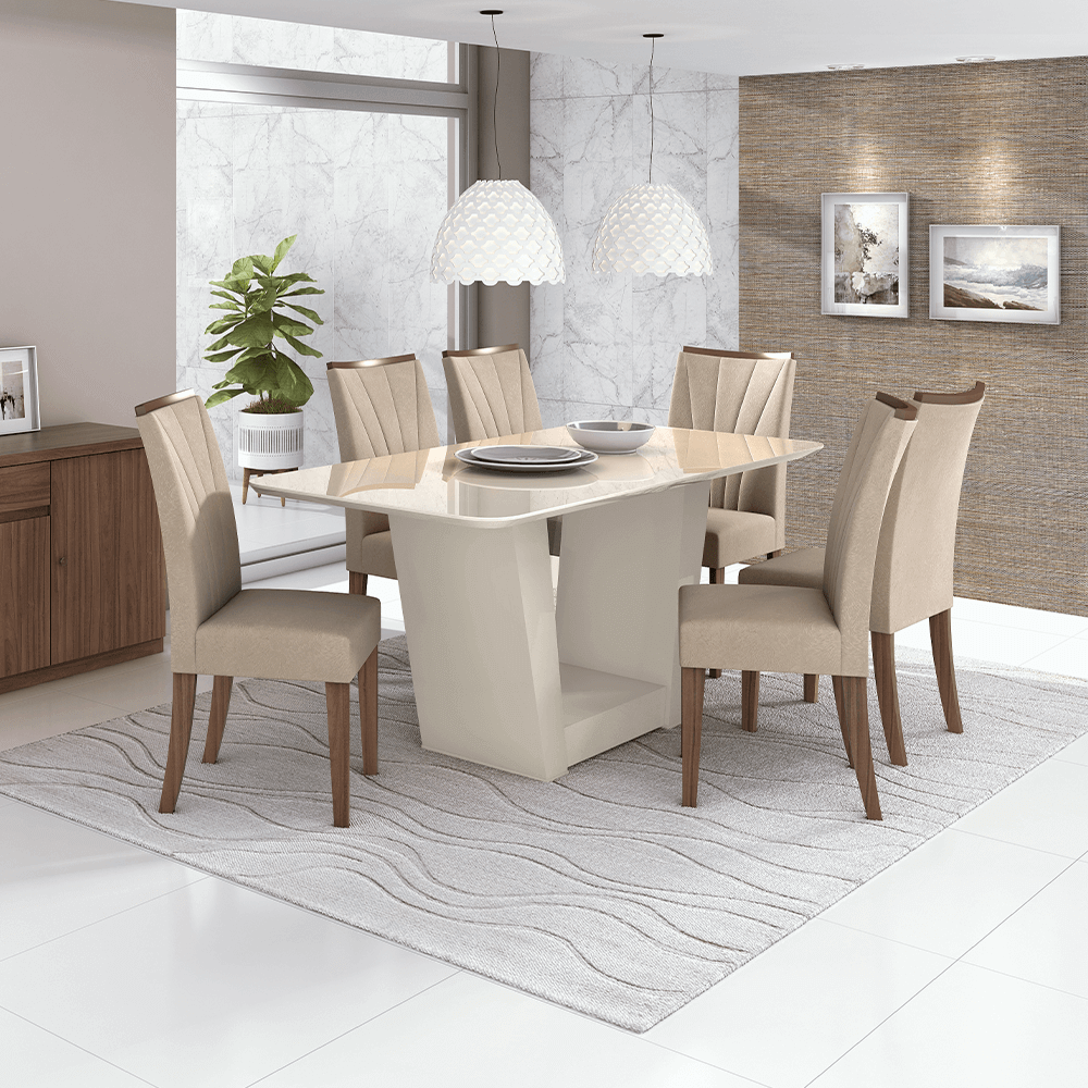 118 sala de jantar lopas apogeu mesa off white 170x90cm vidro 6 cadeiras cor imbuia