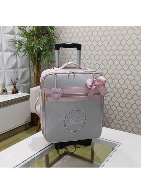 mala de rodinha linho creme com rosa
